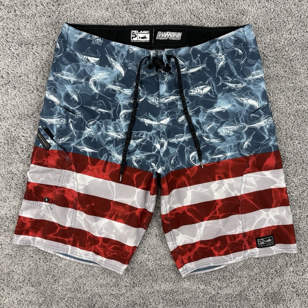 Pelagic Sharkskin Board Shorts Men's 34 Americamo Surf Swim Beach Patriotic